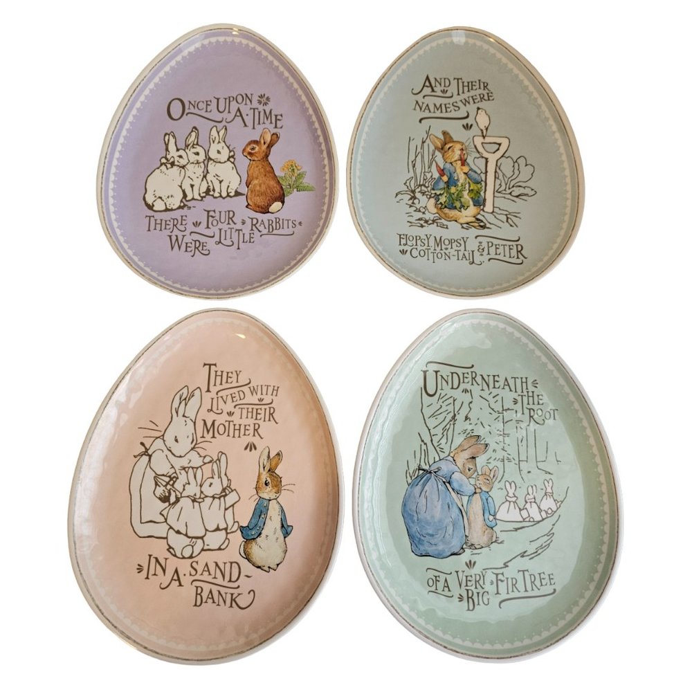 Pottery Barn Kids Beatrix Potter Set 4 Plates Melamine Pastel Egg Shaped Easter